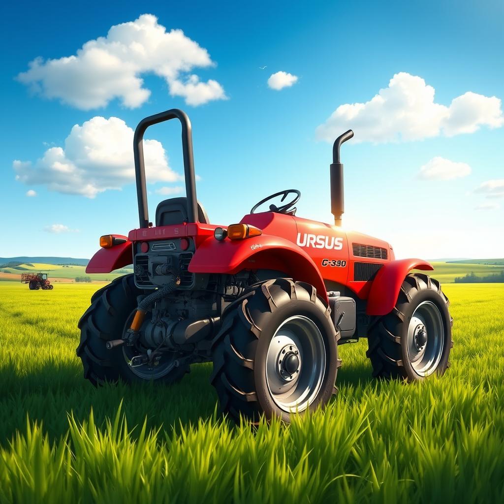 A detailed illustration of the Ursus C-360 tractor, showcasing its iconic features such as the bright red color, large rear wheels, and compact design