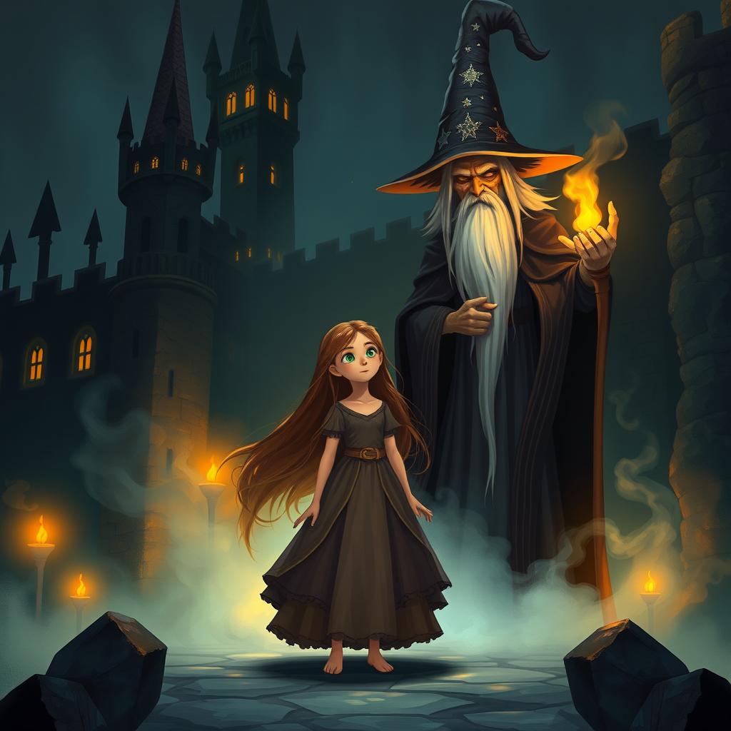 A girl named Nazli standing in a dark castle, with an ominous yet non-frightening wizard in front of her