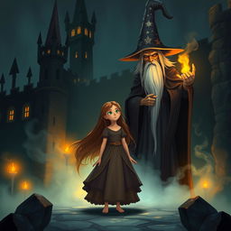 A girl named Nazli standing in a dark castle, with an ominous yet non-frightening wizard in front of her