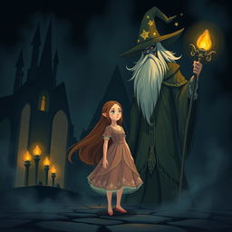 A girl named Nazli standing in a dark castle, with an ominous yet non-frightening wizard in front of her