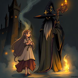 A girl named Nazli standing in a dark castle, with an ominous yet non-frightening wizard in front of her