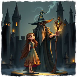 A girl named Nazli standing in a dark castle, with an ominous yet non-frightening wizard in front of her
