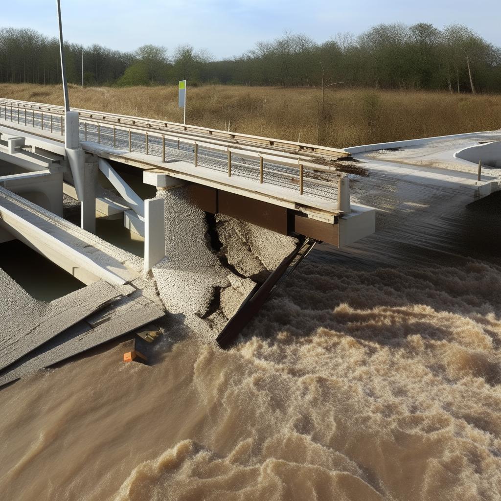 A two-lane bridge over a river, broken and partially washed away by a powerful flood, incorporating design details from the elements portrayed in the provided link.