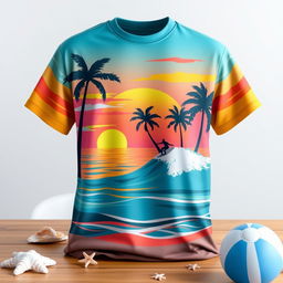 A stylish and creative graphic t-shirt design featuring a vibrant sunset over a calm ocean with palm trees in the foreground