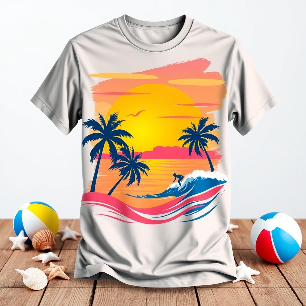 A stylish and creative graphic t-shirt design featuring a vibrant sunset over a calm ocean with palm trees in the foreground