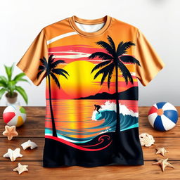A stylish and creative graphic t-shirt design featuring a vibrant sunset over a calm ocean with palm trees in the foreground