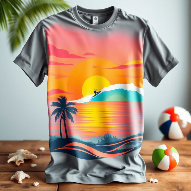 A stylish and creative graphic t-shirt design featuring a vibrant sunset over a calm ocean with palm trees in the foreground