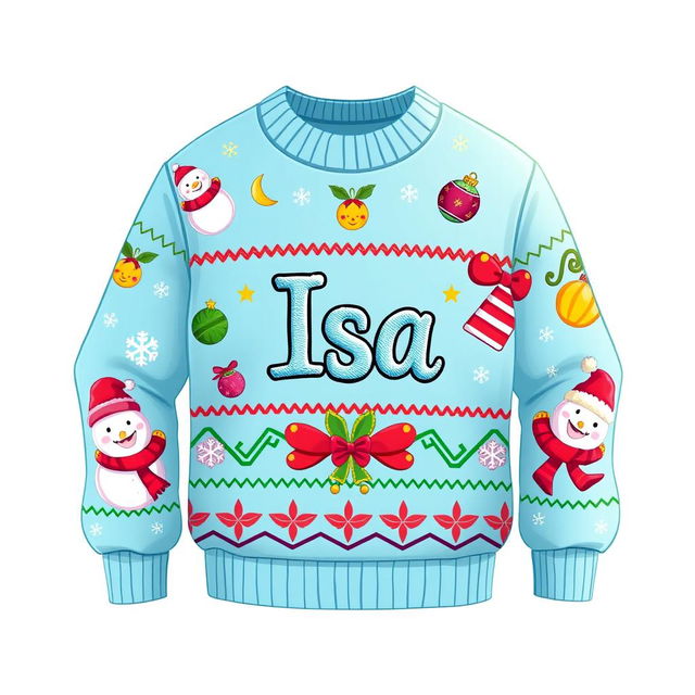 A delightful 2D cartoon-style Christmas sweater featuring a vibrant holiday design