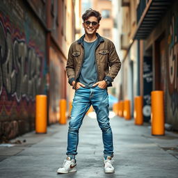 A stylish person casually standing with their hands in the pockets of their trendy jeans, creating a relaxed and confident pose