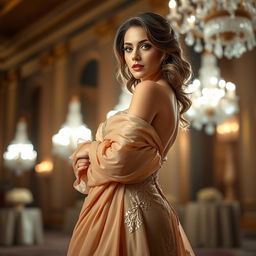 An ultra-realistic photograph of a woman gracefully posed in an elegant evening gown