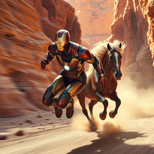 Iron Man in a sleek, metallic suit, flying at high speed through a vibrant desert canyon with rocky cliffs surrounding him, creating a dramatic sense of motion and adventure