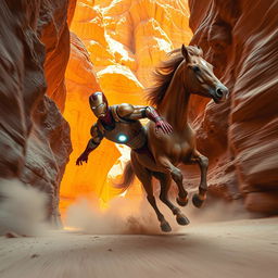 Iron Man in a sleek, metallic suit, flying at high speed through a vibrant desert canyon with rocky cliffs surrounding him, creating a dramatic sense of motion and adventure