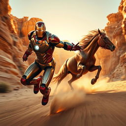 Iron Man in a sleek, metallic suit, flying at high speed through a vibrant desert canyon with rocky cliffs surrounding him, creating a dramatic sense of motion and adventure