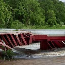 A two-lane bridge over a river, broken and partially washed away by a powerful flood, incorporating design details from the elements portrayed in the provided link.