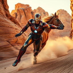 Iron Man in a sleek, metallic suit, flying at high speed through a vibrant desert canyon with rocky cliffs surrounding him, creating a dramatic sense of motion and adventure