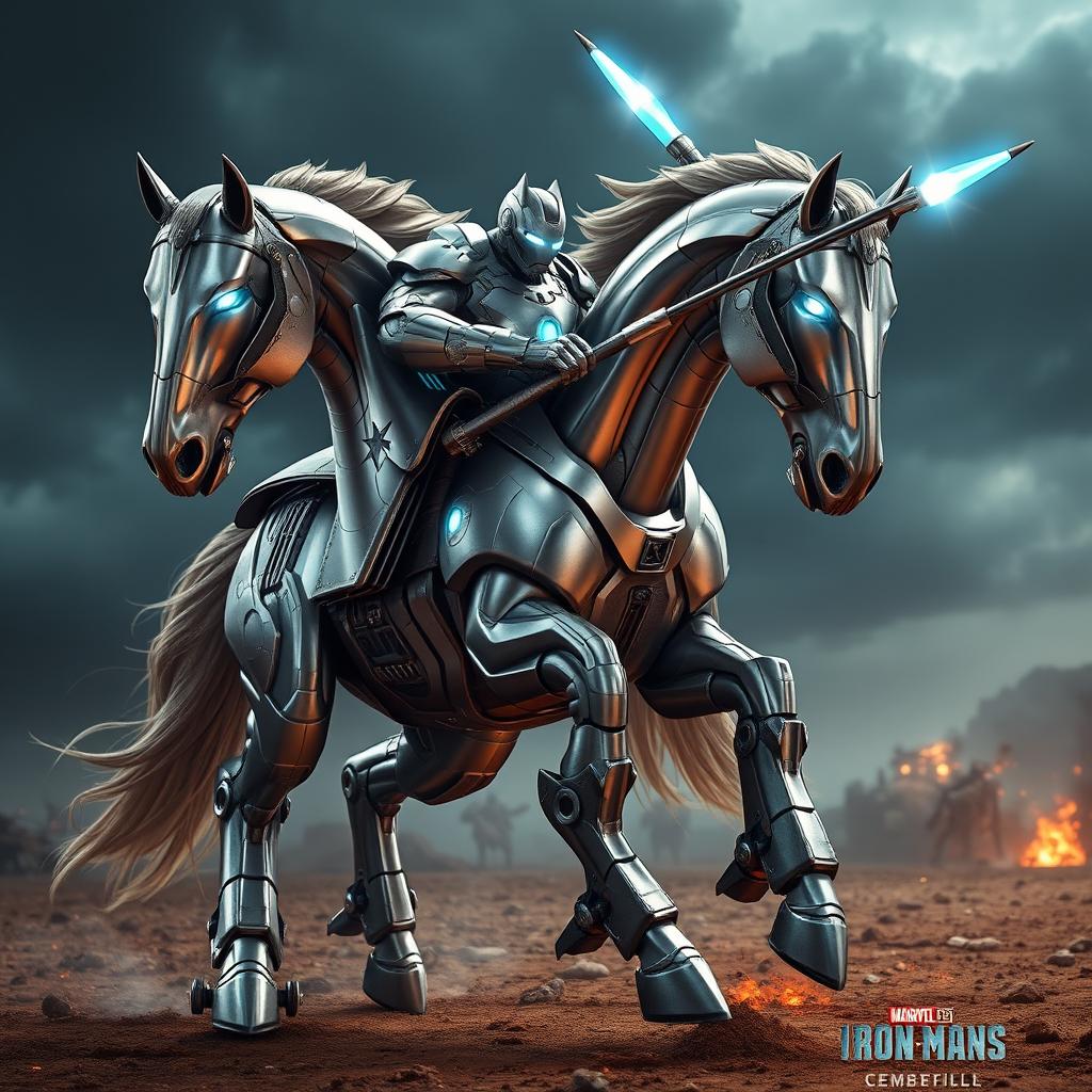 A powerful warhorse clad in a shiny, metallic version of Iron Man's armor, showcasing intricate details and a perfect fit over its muscular frame