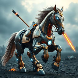 A powerful warhorse clad in a shiny, metallic version of Iron Man's armor, showcasing intricate details and a perfect fit over its muscular frame