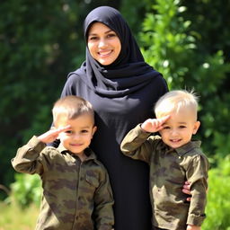 A woman wearing a traditional black niqab, standing proudly with two young children beside her