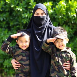 A woman wearing a traditional black niqab, standing proudly with two young children beside her