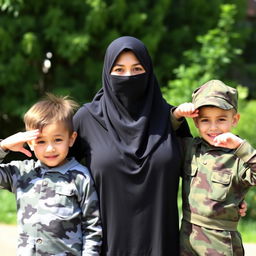 A woman wearing a traditional black niqab, standing proudly with two young children beside her