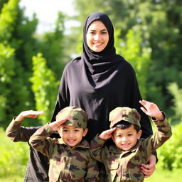 A woman wearing a traditional black niqab, standing proudly with two young children beside her