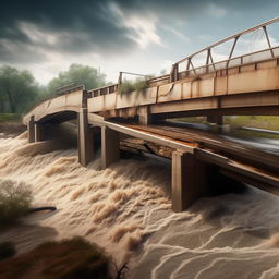 A two-lane bridge over a river, broken and partially washed away by a powerful flood, incorporating design details from the elements portrayed in the provided link.