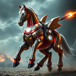 A formidable warhorse clad in a sleek, shiny suit of Iron Man's iconic armor, perfectly contoured to its powerful build