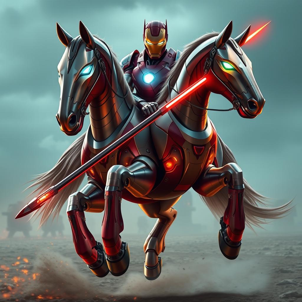 A formidable warhorse clad in a sleek, shiny suit of Iron Man's iconic armor, perfectly contoured to its powerful build