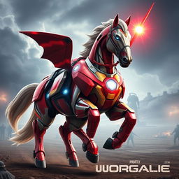 A formidable warhorse clad in a sleek, shiny suit of Iron Man's iconic armor, perfectly contoured to its powerful build