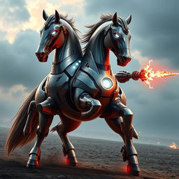 A formidable warhorse clad in a sleek, shiny suit of Iron Man's iconic armor, perfectly contoured to its powerful build
