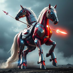 A magnificent horse clad in a shiny, intricate suit of Iron Man's armor, perfectly molded to its powerful body