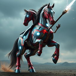A magnificent horse clad in a shiny, intricate suit of Iron Man's armor, perfectly molded to its powerful body