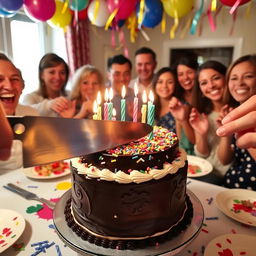 A beautiful birthday cake being cut with a large knife, surrounded by colorful party decorations like balloons and streamers