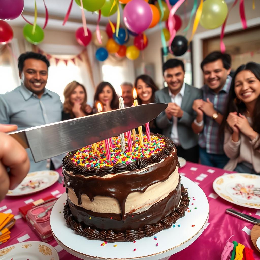 A beautiful birthday cake being cut with a large knife, surrounded by colorful party decorations like balloons and streamers