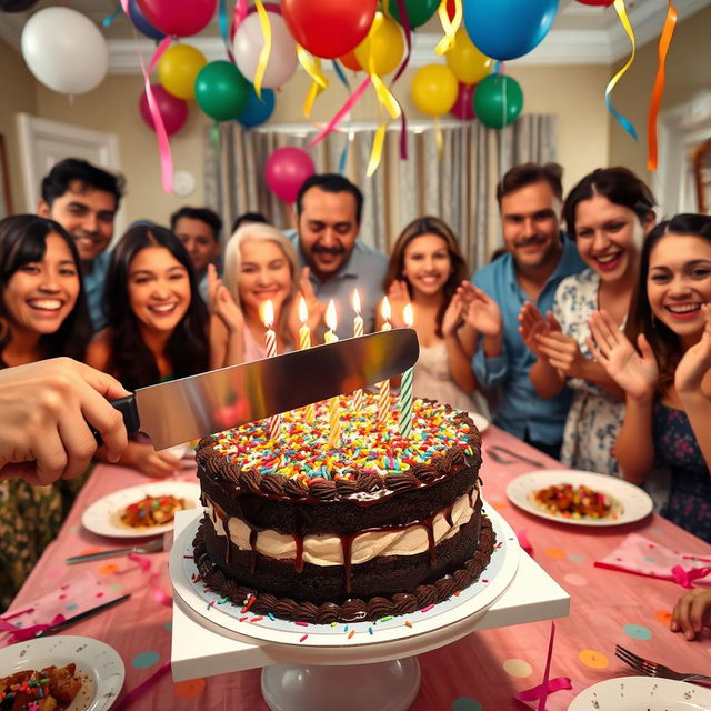 A beautiful birthday cake being cut with a large knife, surrounded by colorful party decorations like balloons and streamers