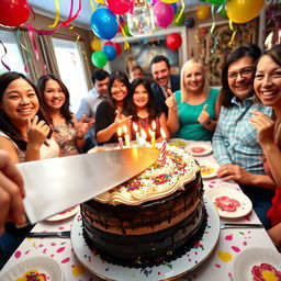 A beautiful birthday cake being cut with a large knife, surrounded by colorful party decorations like balloons and streamers