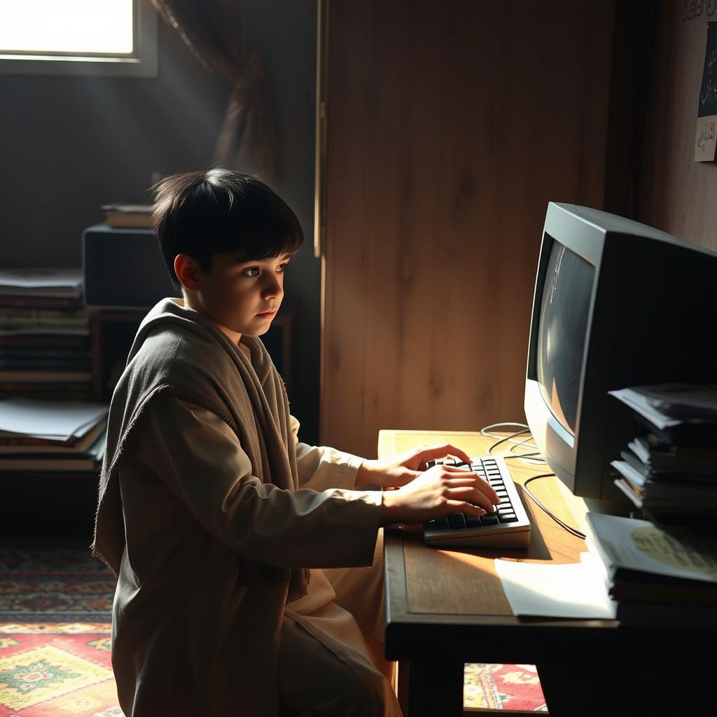 A young Afghan boy focused intently on working with a computer in a cozy, dimly-lit room