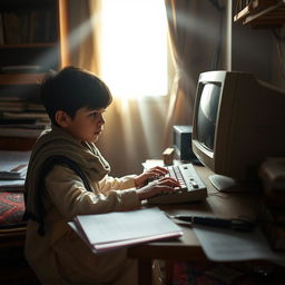 A young Afghan boy focused intently on working with a computer in a cozy, dimly-lit room