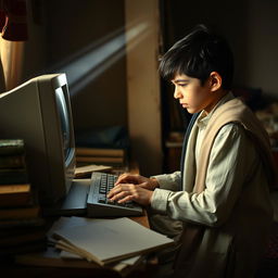 A young Afghan boy focused intently on working with a computer in a cozy, dimly-lit room