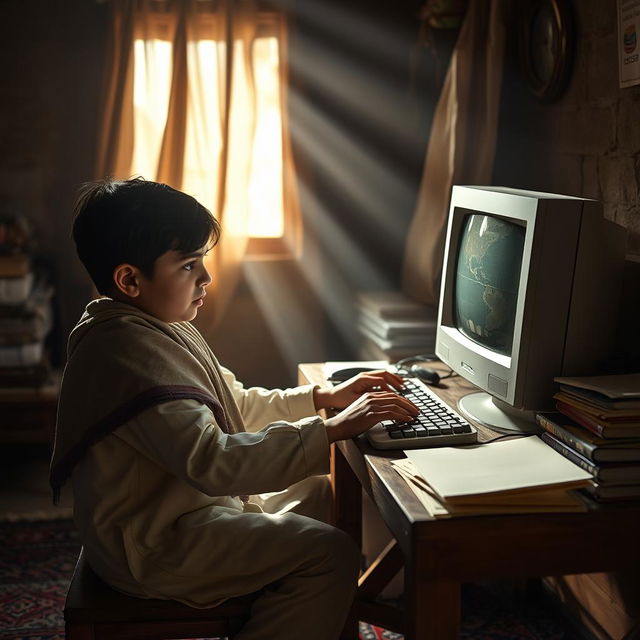 A young Afghan boy focused intently on working with a computer in a cozy, dimly-lit room