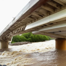 A two-lane bridge over a river, broken and partially washed away by a powerful flood, incorporating design details from the elements portrayed in the provided link.