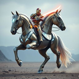 A stunning horse clad in a brilliant suit of Iron Man's armor, intricately designed to fit its sleek and powerful physique