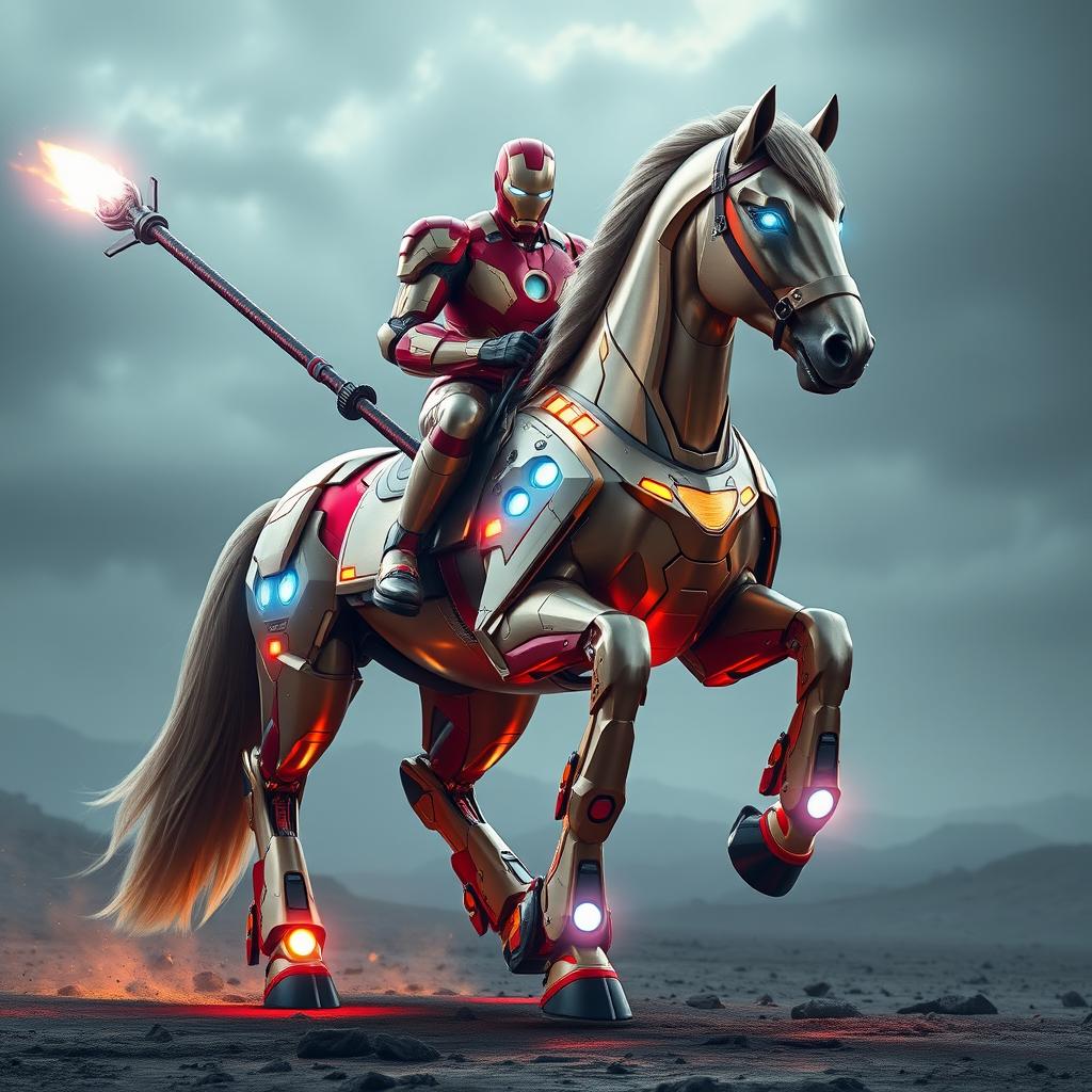 A stunning horse clad in a brilliant suit of Iron Man's armor, intricately designed to fit its sleek and powerful physique