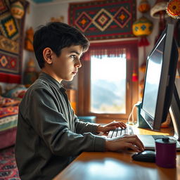 A young Afghan boy diligently working on a modern computer, seated at a desk in a cozy room filled with colorful decorations reflecting Afghan culture