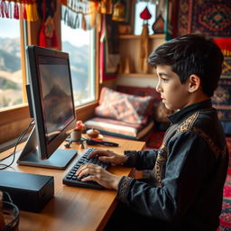 A young Afghan boy diligently working on a modern computer, seated at a desk in a cozy room filled with colorful decorations reflecting Afghan culture