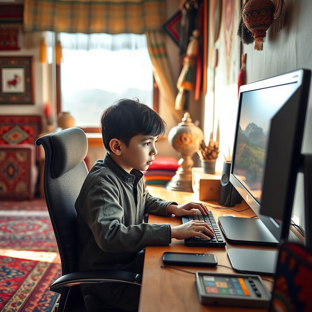 A young Afghan boy diligently working on a modern computer, seated at a desk in a cozy room filled with colorful decorations reflecting Afghan culture