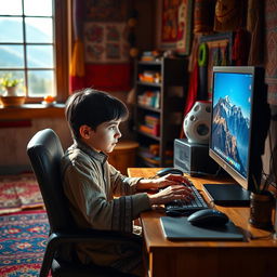 A young Afghan boy diligently working on a modern computer, seated at a desk in a cozy room filled with colorful decorations reflecting Afghan culture
