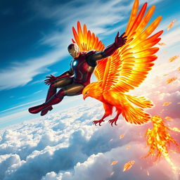 Iron Man soaring high into the atmosphere, depicted in a dynamic and heroic pose as he ascends against a backdrop of vibrant blues and whites of the sky