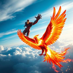Iron Man soaring high into the atmosphere, depicted in a dynamic and heroic pose as he ascends against a backdrop of vibrant blues and whites of the sky