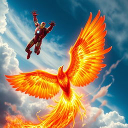 Iron Man soaring high into the atmosphere, depicted in a dynamic and heroic pose as he ascends against a backdrop of vibrant blues and whites of the sky